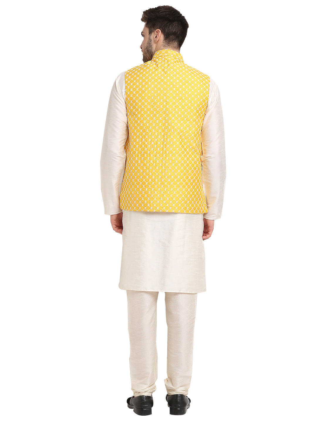 Jompers Men's Embroidered Nehru Jacket & Kurta Pyjama ( Mustard ) - Distacart