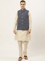 Thumbnail for Jompers Men's Embroidered Nehru Jacket & Kurta Pyjama ( Navy ) - Distacart