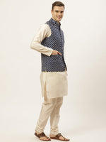 Thumbnail for Jompers Men's Embroidered Nehru Jacket & Kurta Pyjama ( Navy ) - Distacart