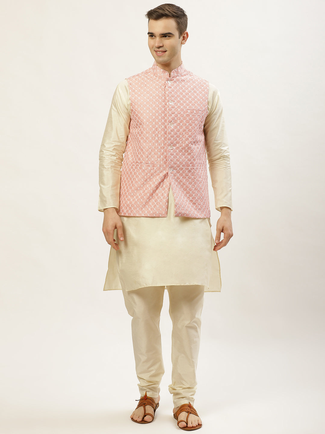 Jompers Men's Embroidered Nehru Jacket & Kurta Pyjama ( Peach ) - Distacart