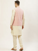 Thumbnail for Jompers Men's Embroidered Nehru Jacket & Kurta Pyjama ( Peach ) - Distacart