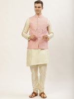 Thumbnail for Jompers Men's Embroidered Nehru Jacket & Kurta Pyjama ( Peach ) - Distacart