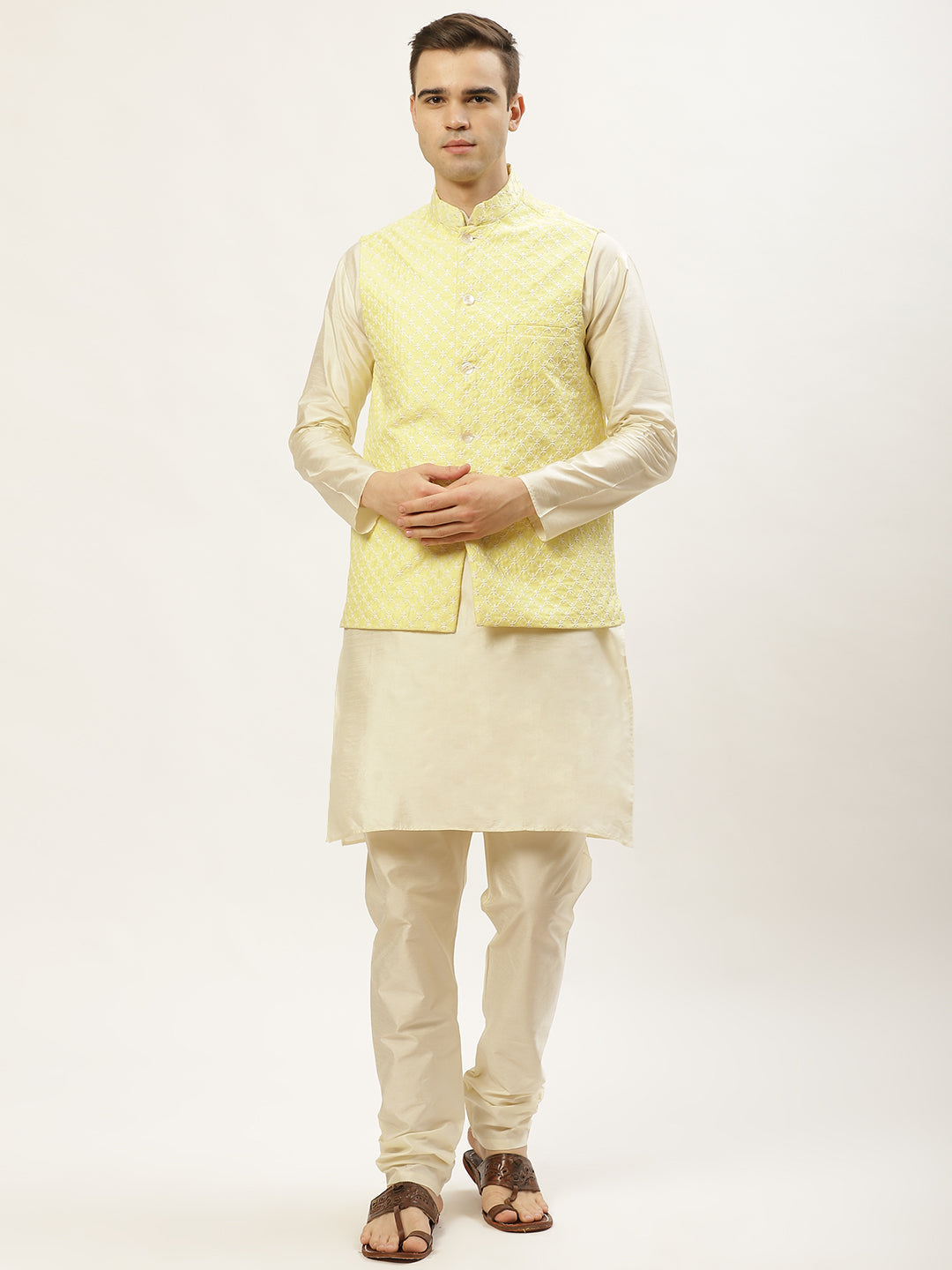 Jompers Men's Embroidered Nehru Jacket & Kurta Pyjama ( Yellow ) - Distacart