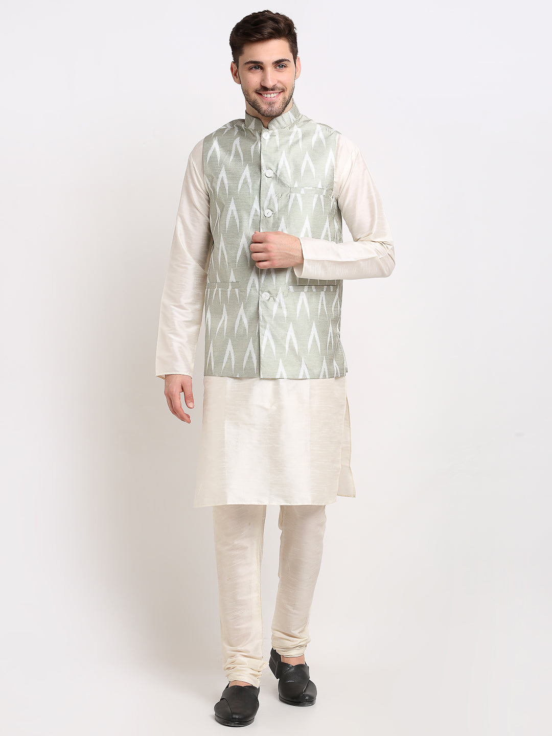 Jompers Men's Ikat Print Nehru Jacket & Kurta Pyjama ( Grey ) - Distacart