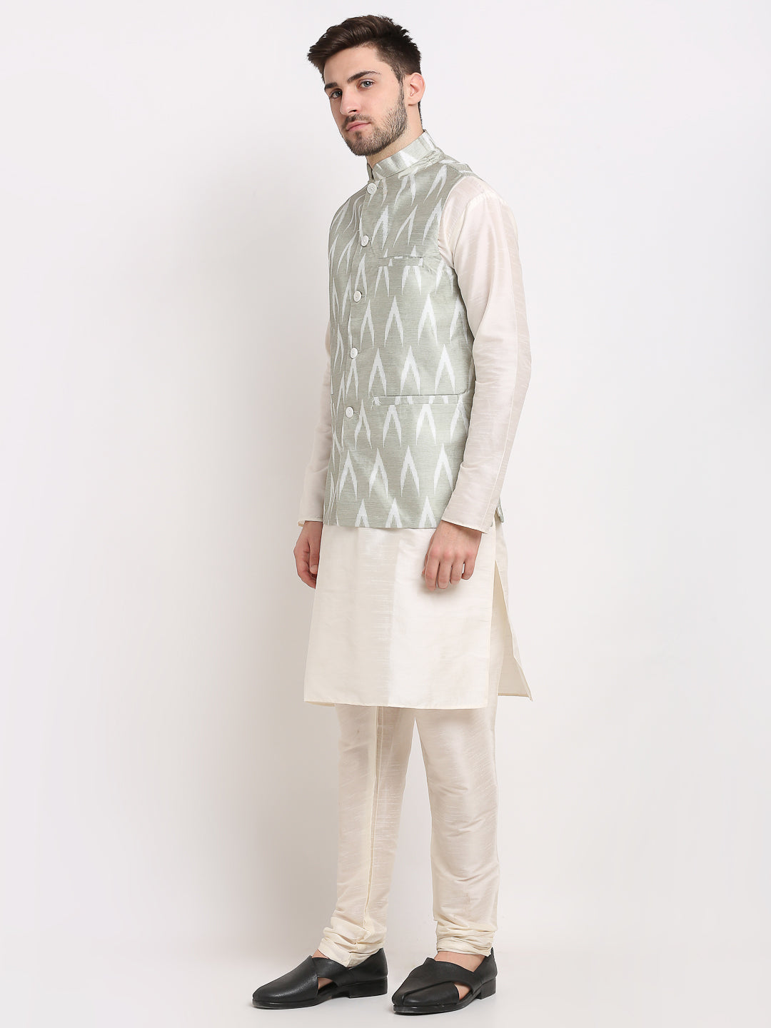 Jompers Men's Ikat Print Nehru Jacket & Kurta Pyjama ( Grey ) - Distacart