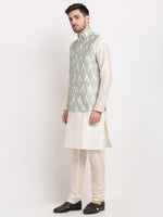 Thumbnail for Jompers Men's Ikat Print Nehru Jacket & Kurta Pyjama ( Grey ) - Distacart