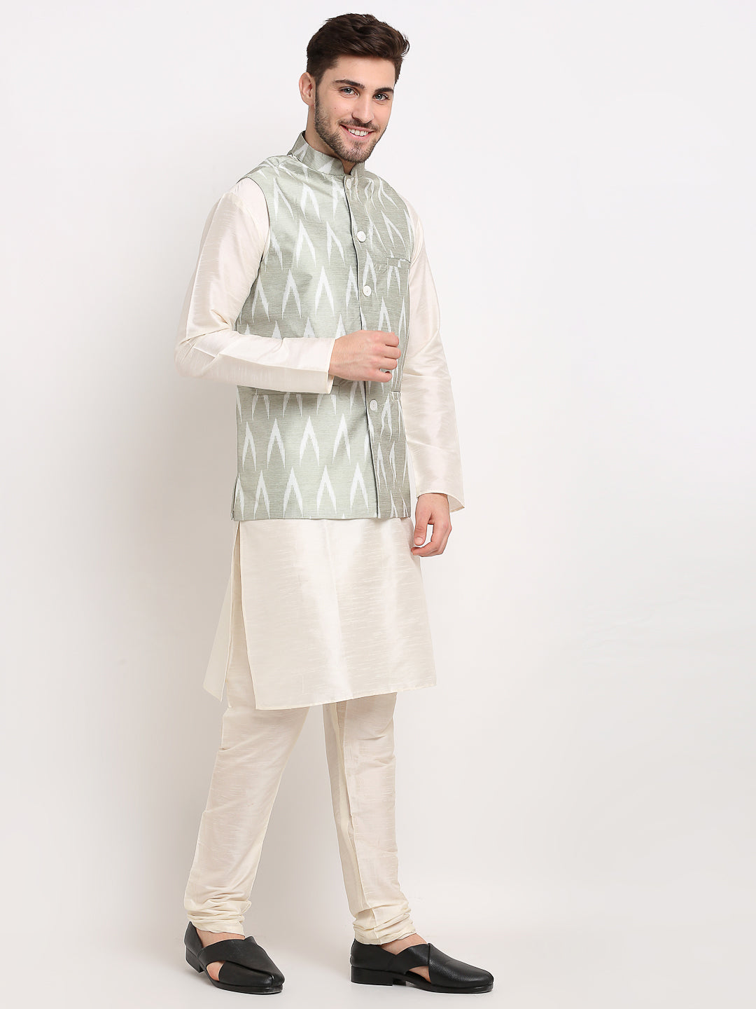 Jompers Men's Ikat Print Nehru Jacket & Kurta Pyjama ( Grey ) - Distacart