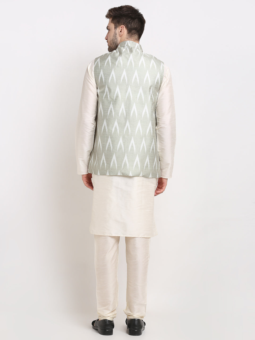Jompers Men's Ikat Print Nehru Jacket & Kurta Pyjama ( Grey ) - Distacart