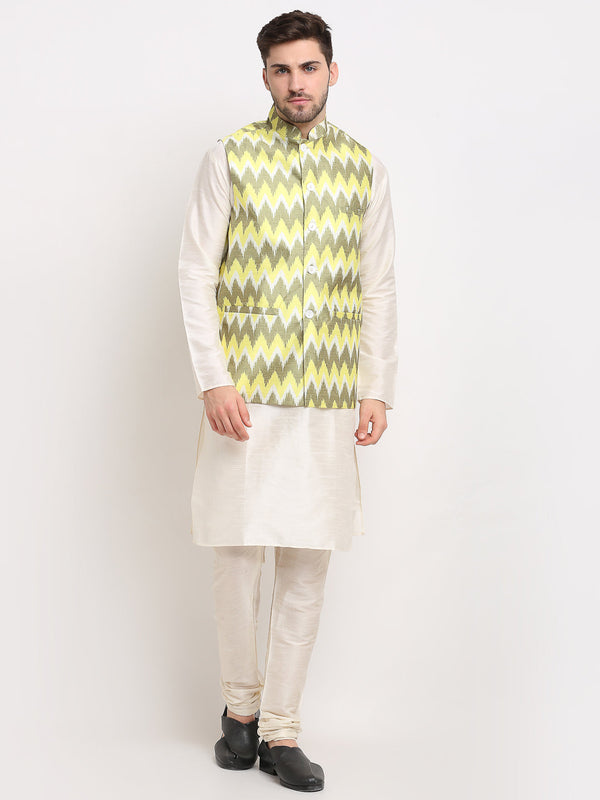 Jompers Men's Ikat Print Nehru Jacket & Kurta Pyjama ( Multi-Olive ) - Distacart