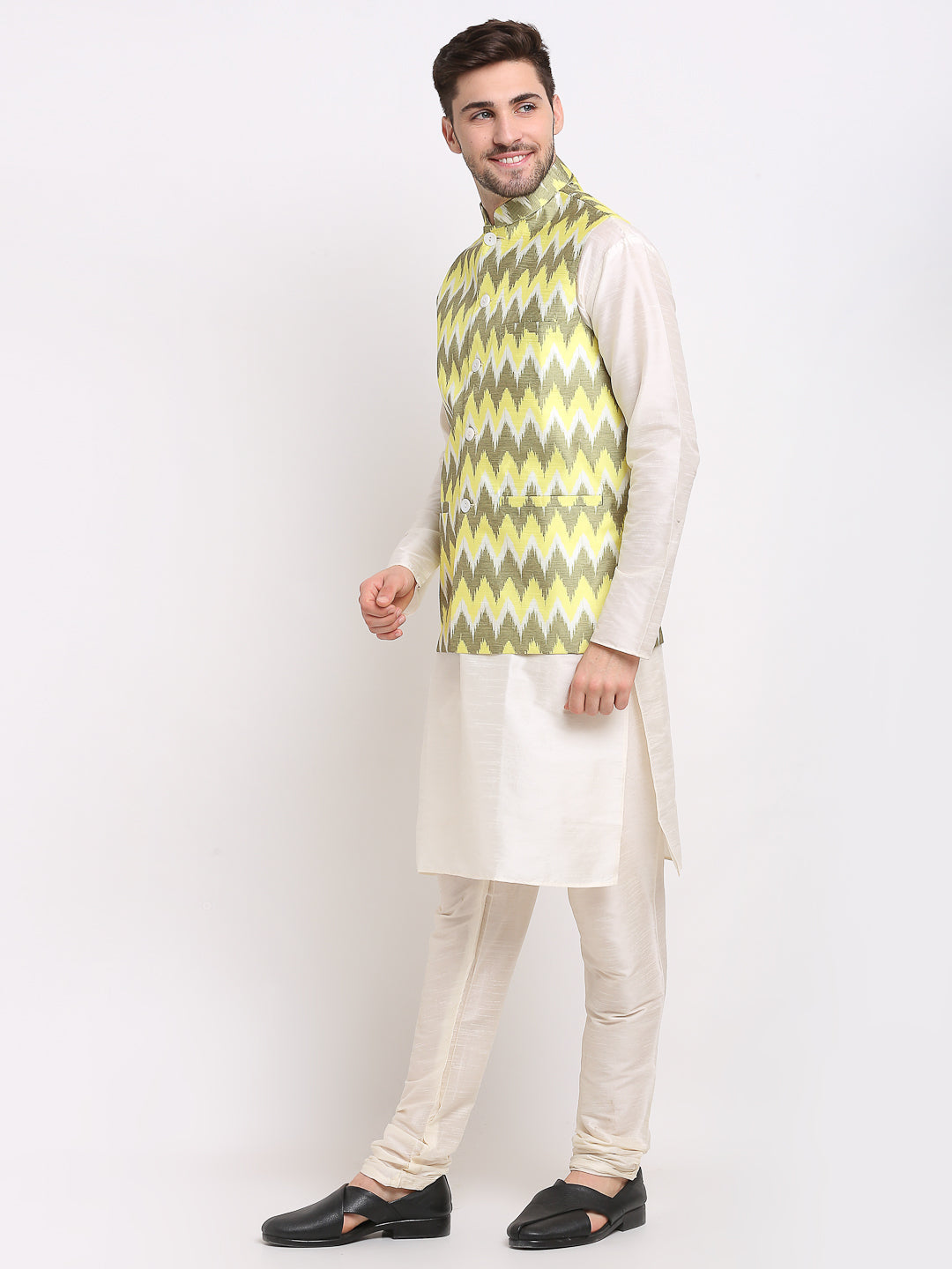 Jompers Men's Ikat Print Nehru Jacket & Kurta Pyjama ( Multi-Olive ) - Distacart