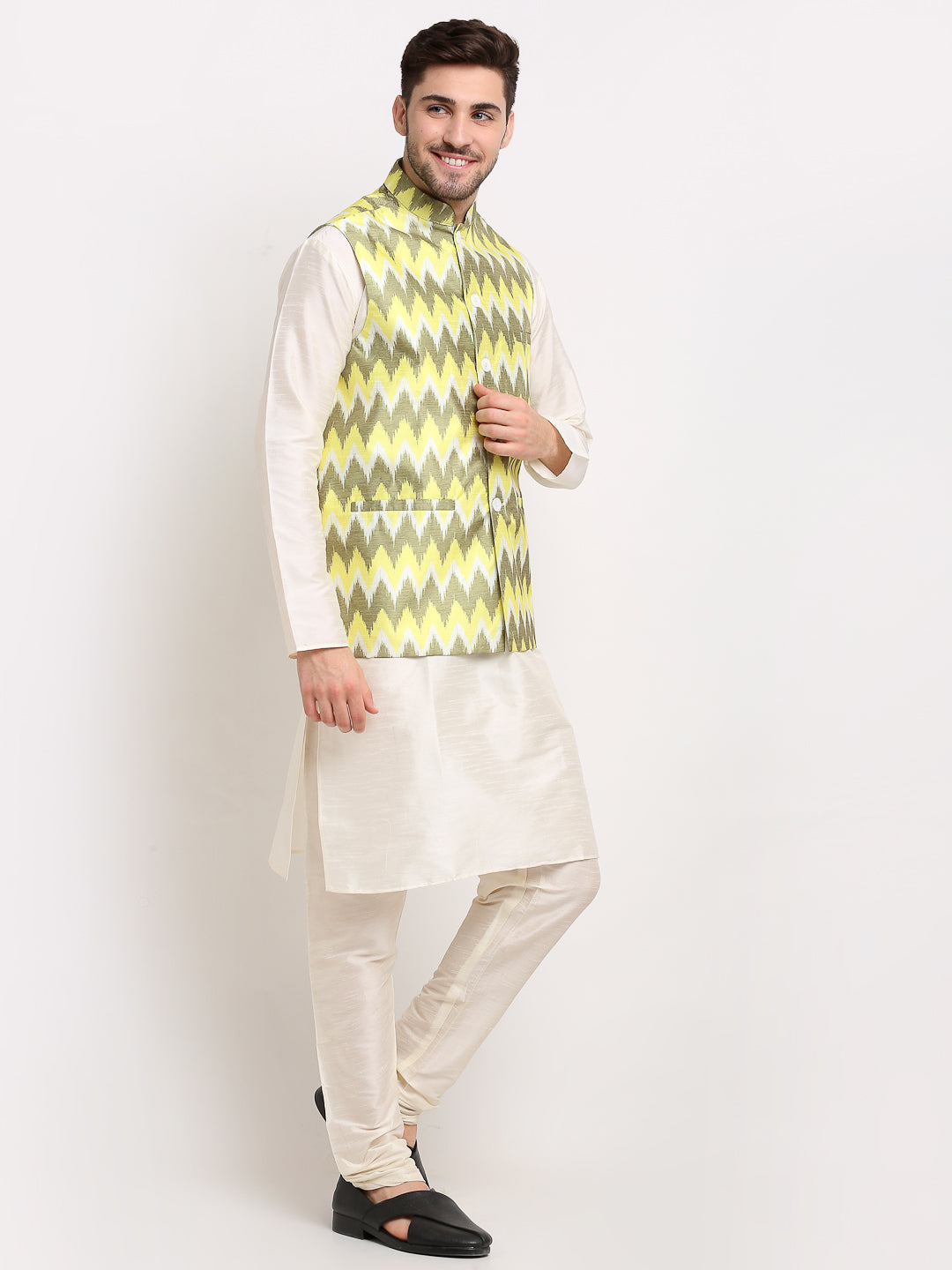 Jompers Men's Ikat Print Nehru Jacket & Kurta Pyjama ( Multi-Olive ) - Distacart
