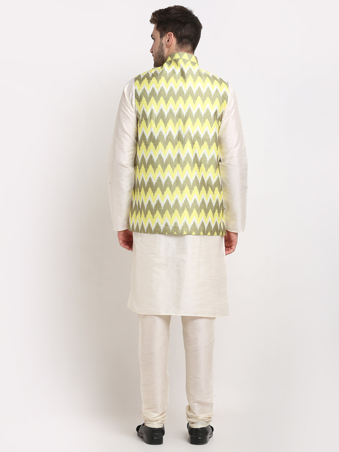 Jompers Men's Ikat Print Nehru Jacket & Kurta Pyjama ( Multi-Olive ) - Distacart