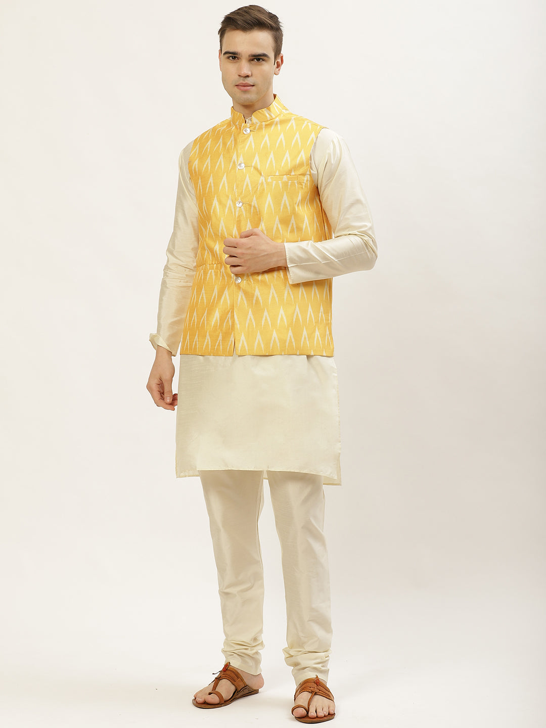 Jompers Men's Ikat Print Nehru Jacket & Kurta Pyjama ( Mustard ) - Distacart