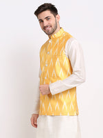 Thumbnail for Jompers Men's Mustard Ikat Printed Nehru Jacket