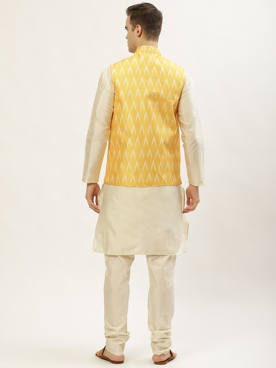 Jompers Men's Ikat Print Nehru Jacket & Kurta Pyjama ( Mustard ) - Distacart