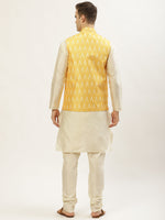 Thumbnail for Jompers Men's Ikat Print Nehru Jacket & Kurta Pyjama ( Mustard ) - Distacart