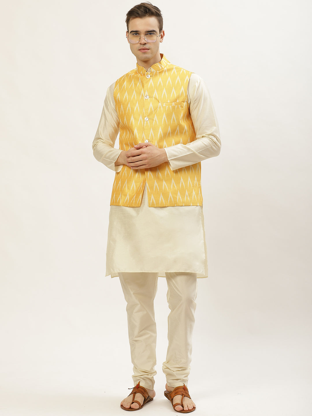 Jompers Men's Ikat Print Nehru Jacket & Kurta Pyjama ( Mustard ) - Distacart