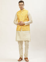 Thumbnail for Jompers Men's Ikat Print Nehru Jacket & Kurta Pyjama ( Mustard ) - Distacart