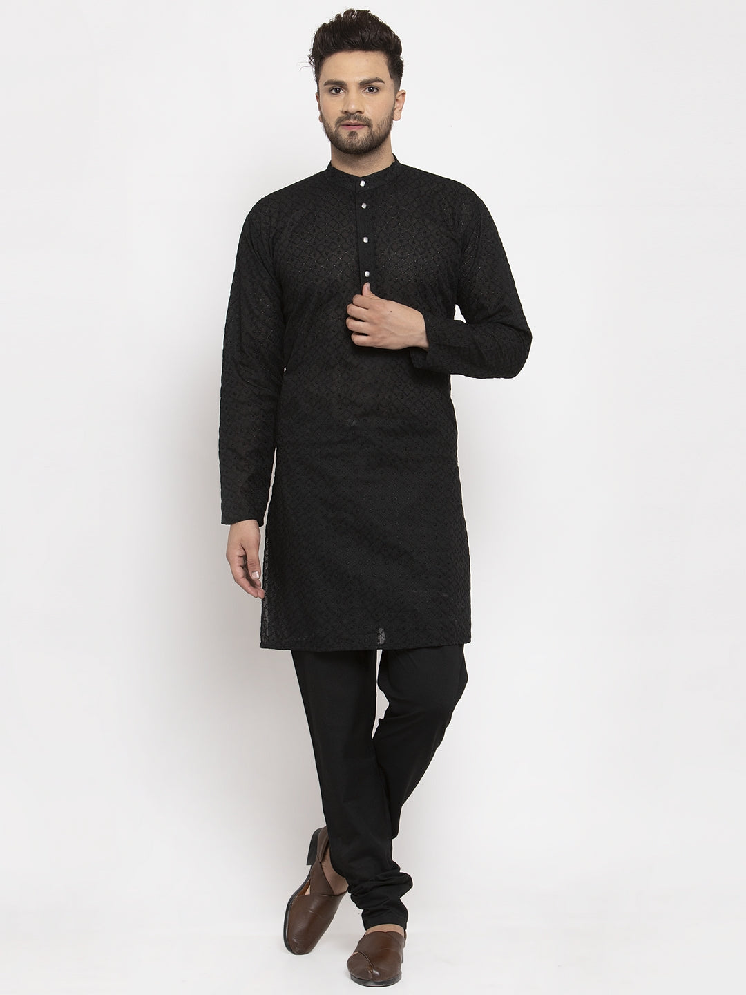 Jompers Men Black Chikan Kurta with Churidar - Distacart
