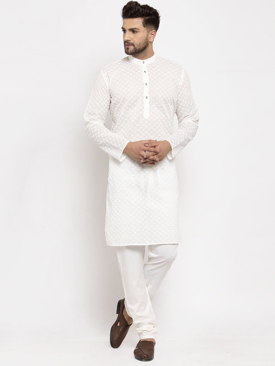 Jompers Men Cream Chikan Kurta with Churidar - Distacart