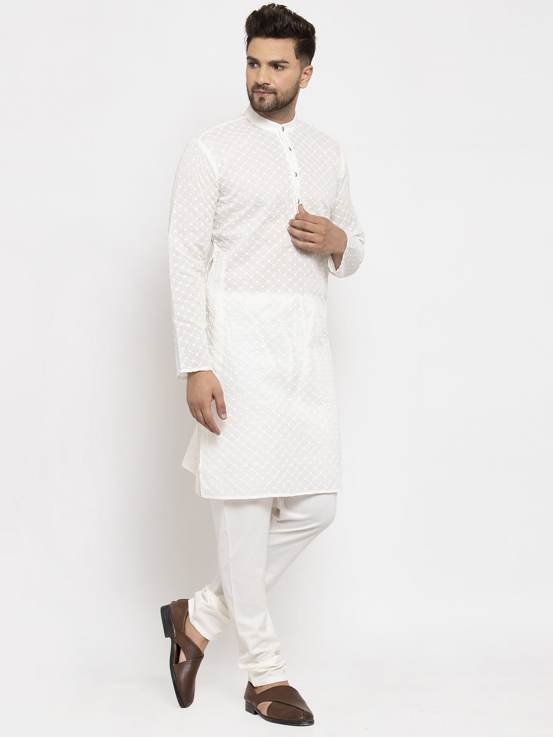Jompers Men Cream Chikan Kurta with Churidar - Distacart