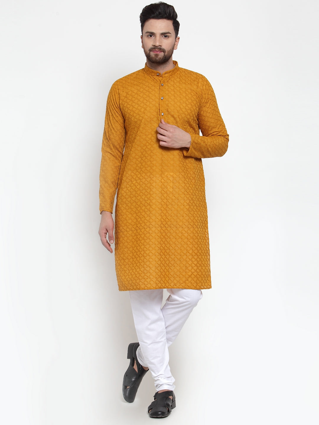 Jompers Men Mustard Chikan Kurta with Churidar - Distacart