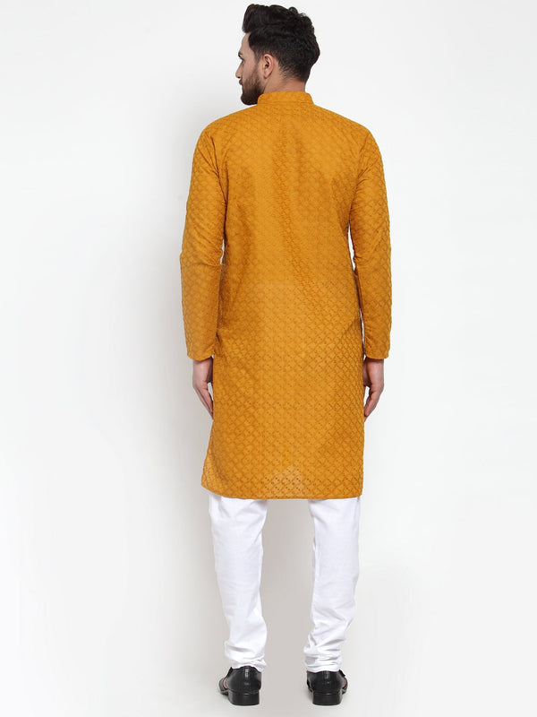 jompers men mustard chikan kurta with churidar