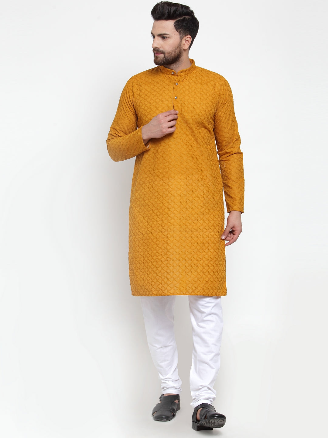 Jompers Men Mustard Chikan Kurta with Churidar - Distacart
