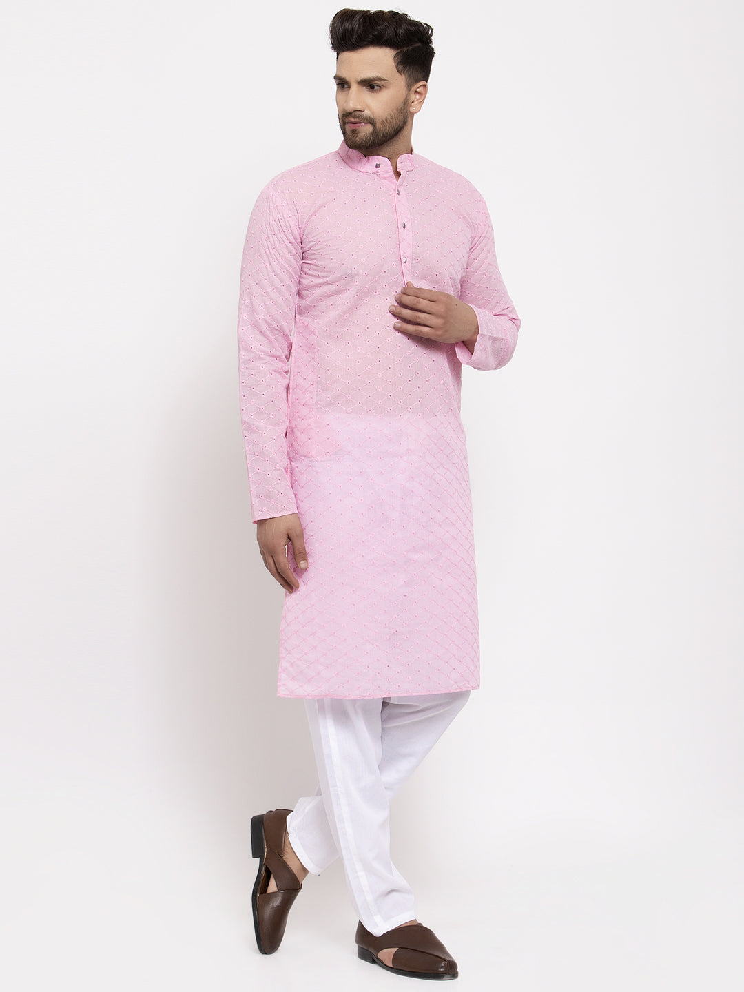 Jompers Men Pink Chikan Kurta with Churidar - Distacart