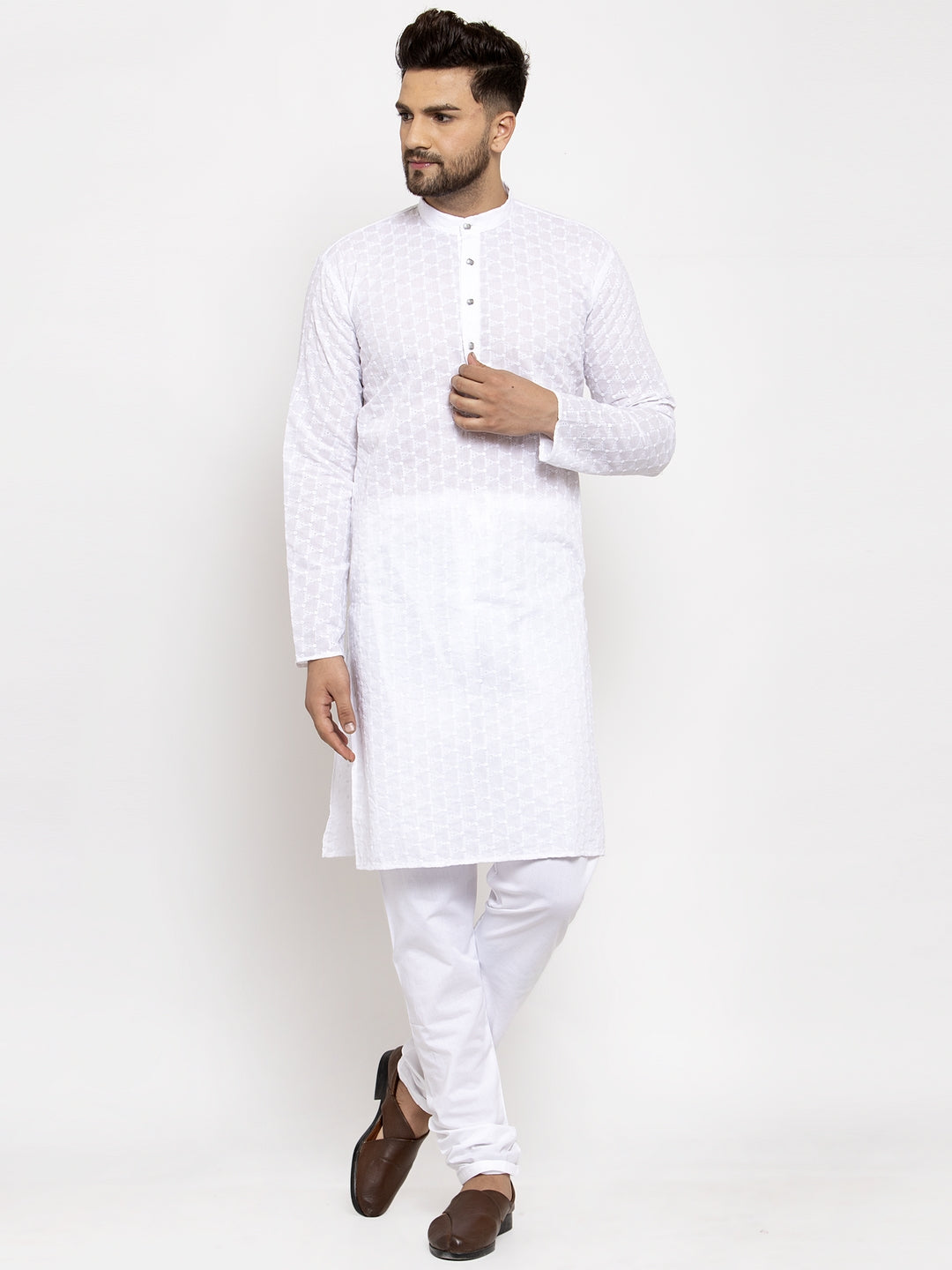 Jompers Men White Chikan Kurta with Churidar - Distacart