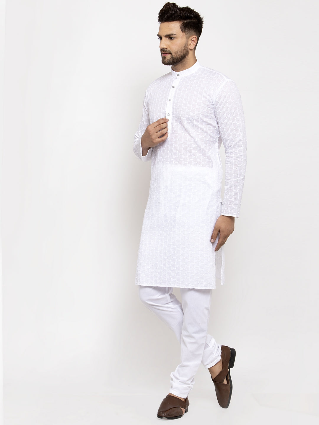 Jompers Men White Chikan Kurta with Churidar - Distacart