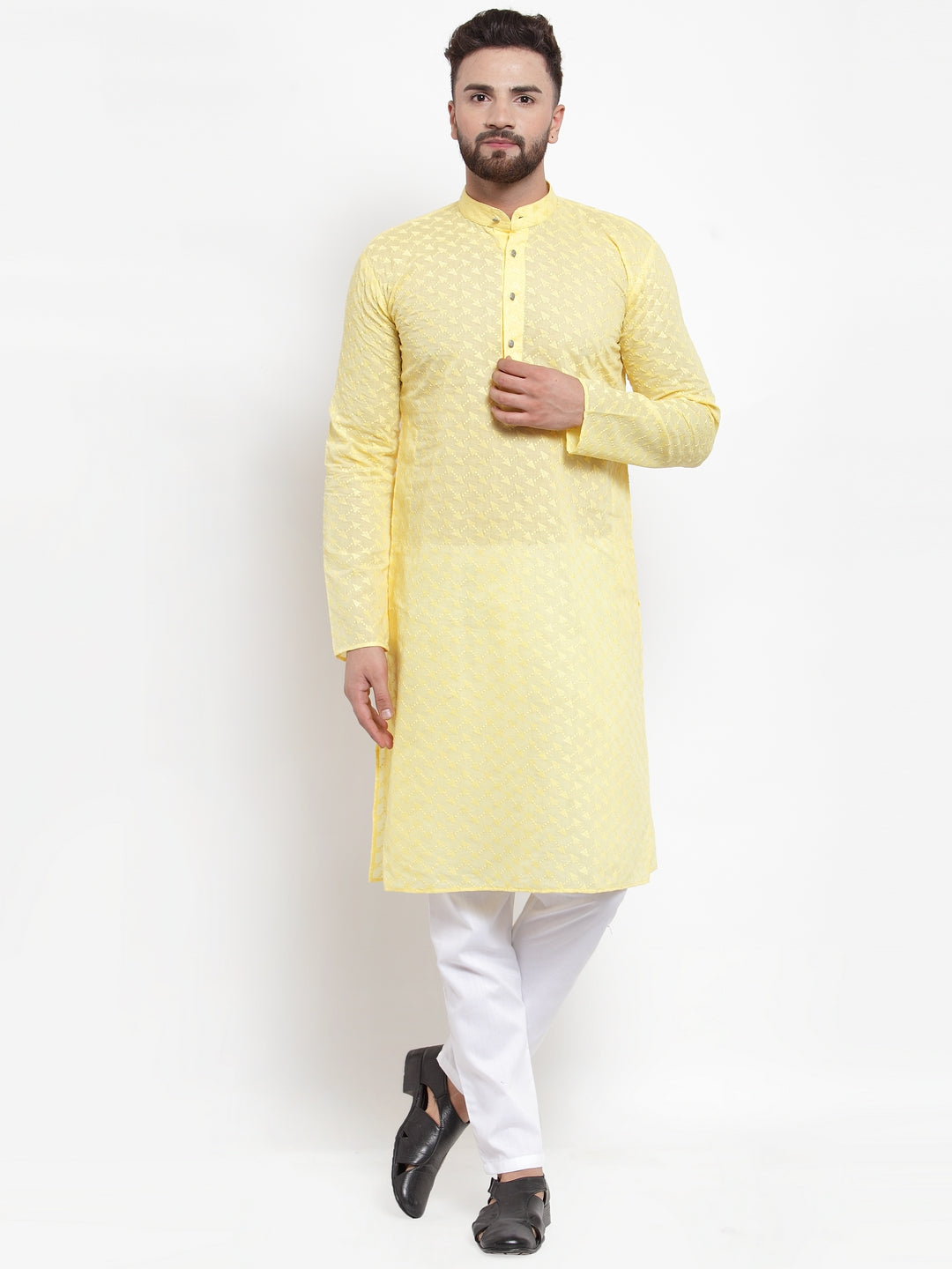 Jompers Men Yellow Chikan Kurta with Churidar - Distacart
