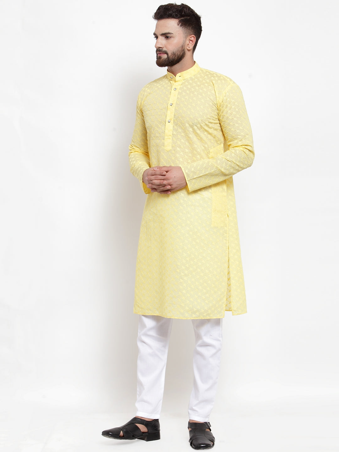 Jompers Men Yellow Chikan Kurta with Churidar - Distacart