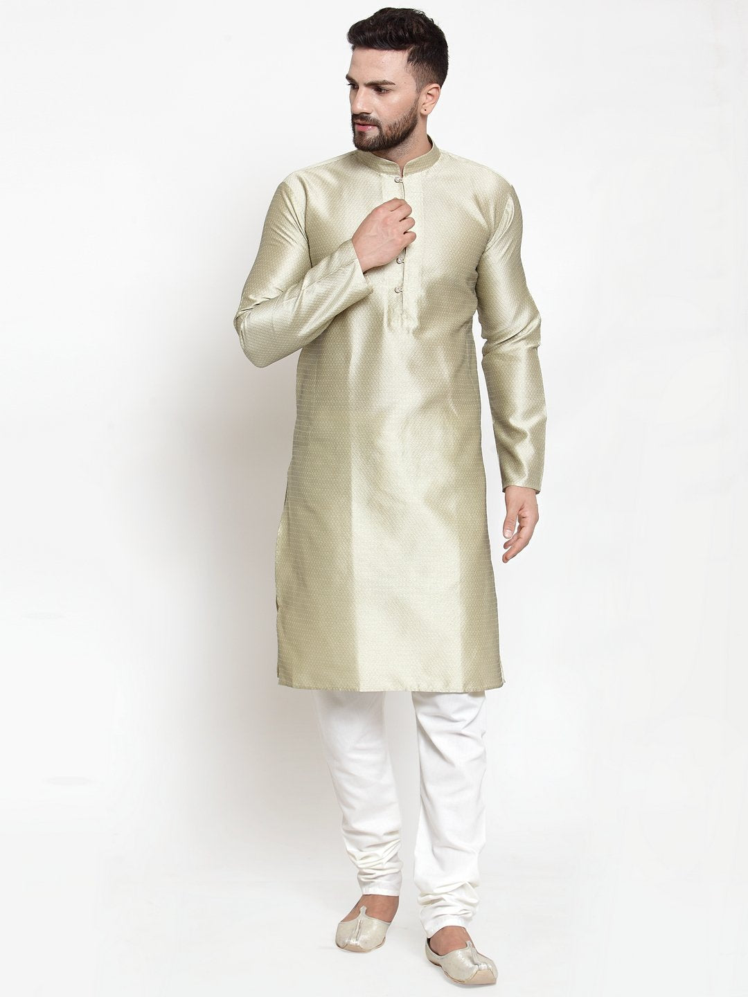 Jompers Men Beige & White Self Design Kurta with Churidar - Distacart