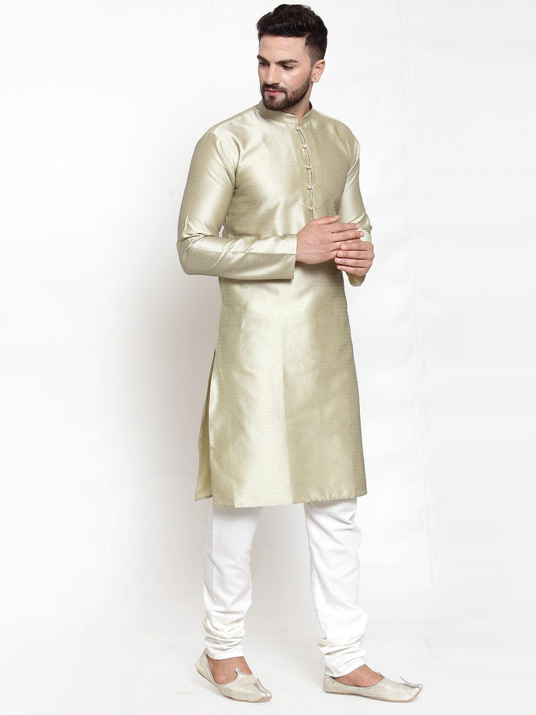 Jompers Men Beige & White Self Design Kurta with Churidar - Distacart