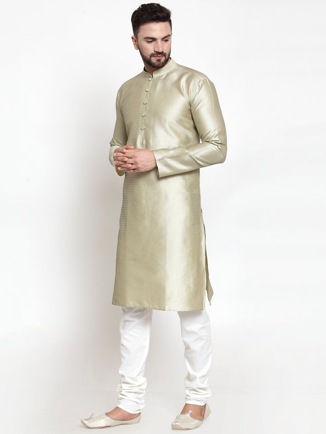 Jompers Men Beige & White Self Design Kurta with Churidar - Distacart