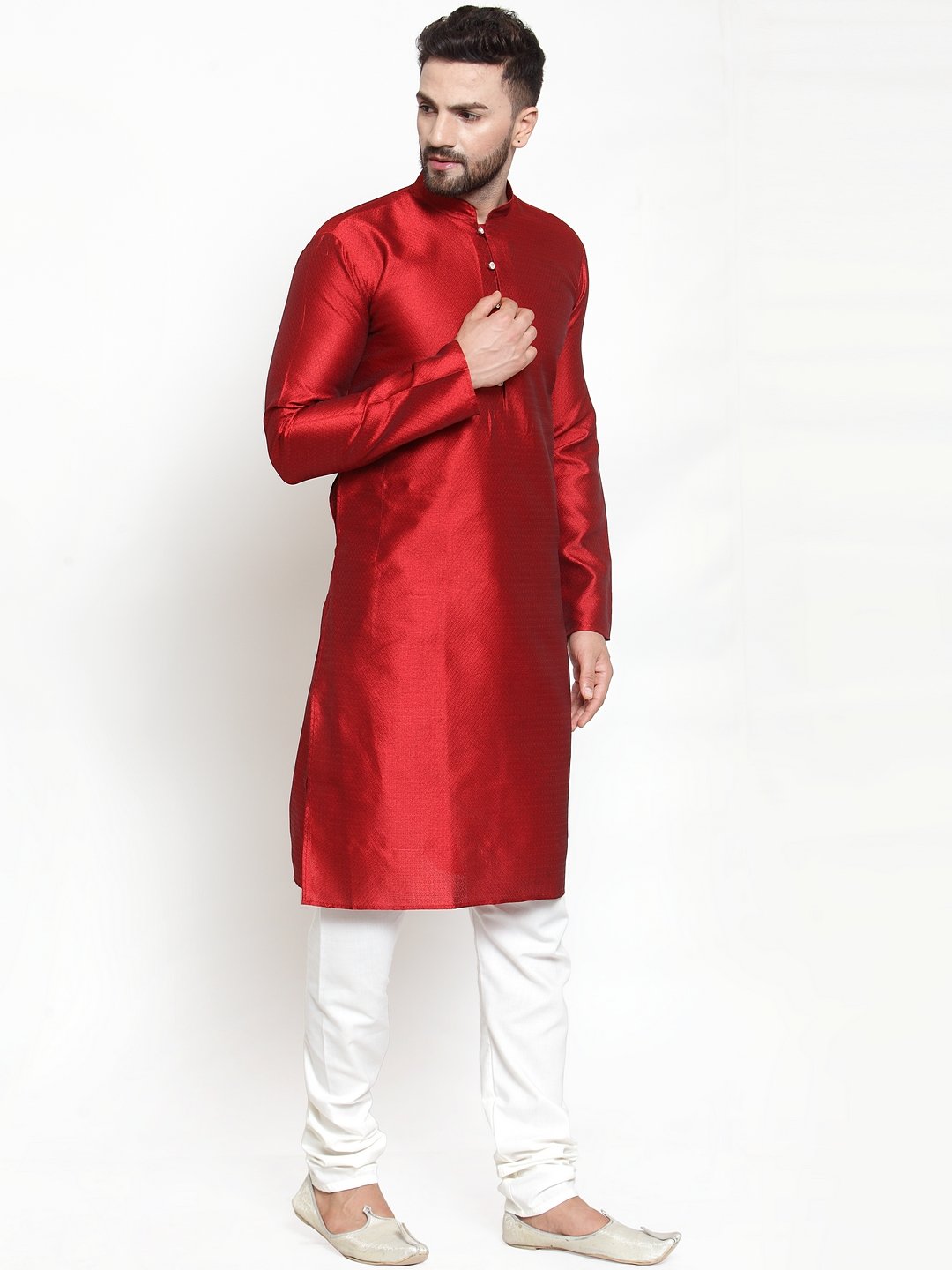 Jompers Men Maroon & White Self Design Kurta with Churidar - Distacart