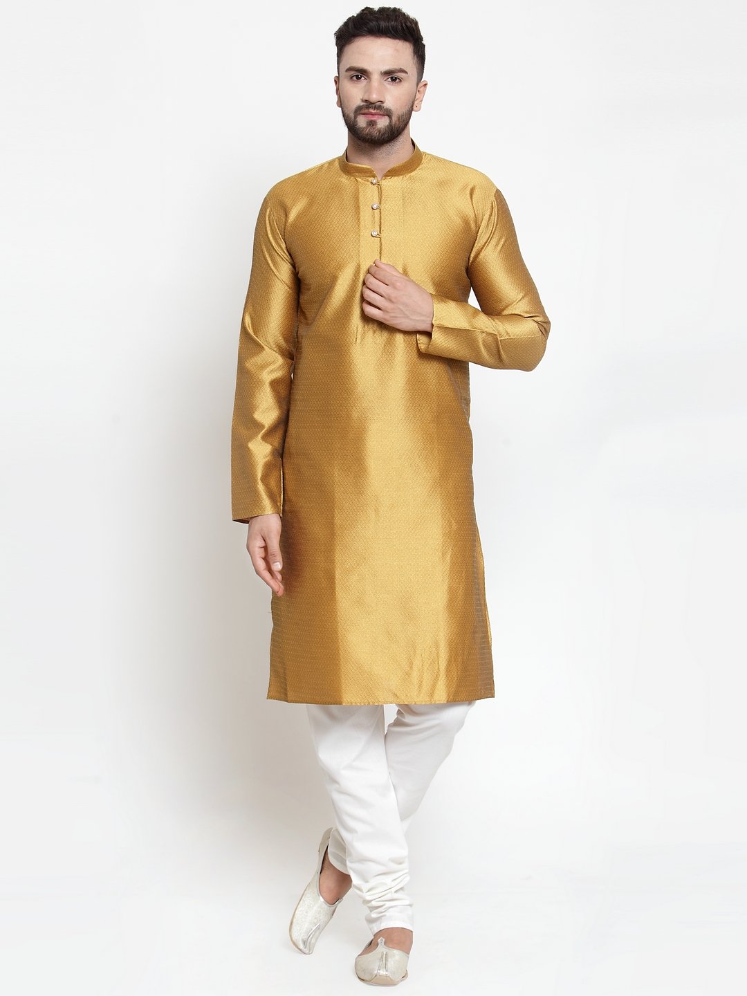 Jompers Men Mustard & White Self Design Kurta with Churidar - Distacart