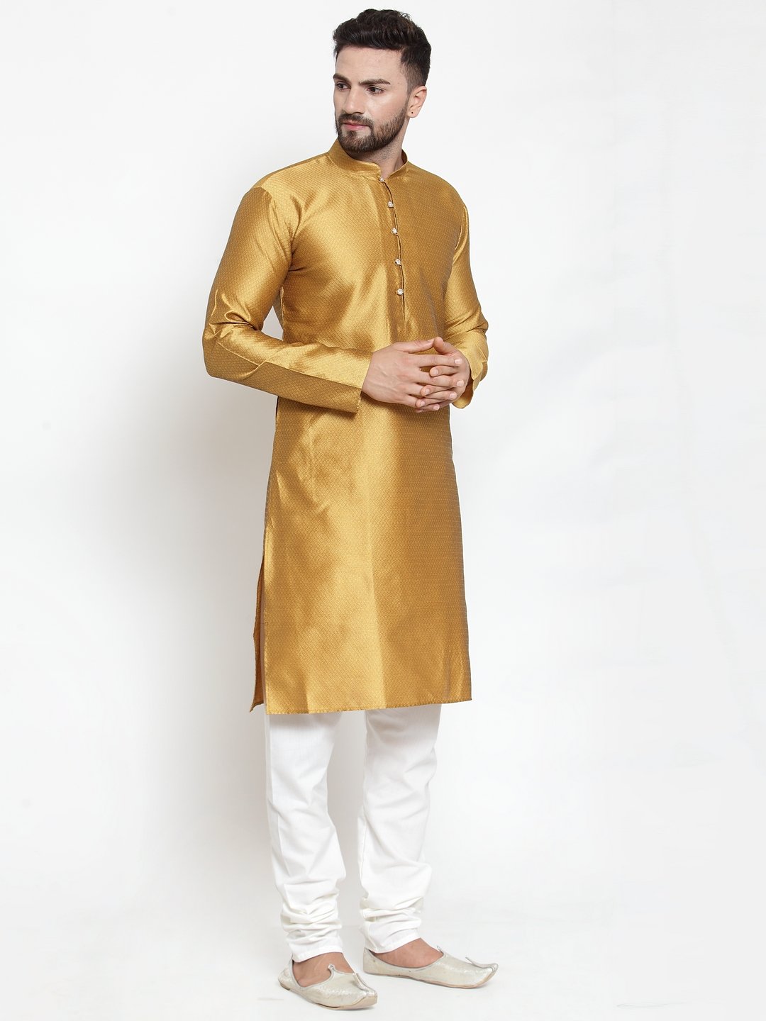 Jompers Men Mustard & White Self Design Kurta with Churidar - Distacart