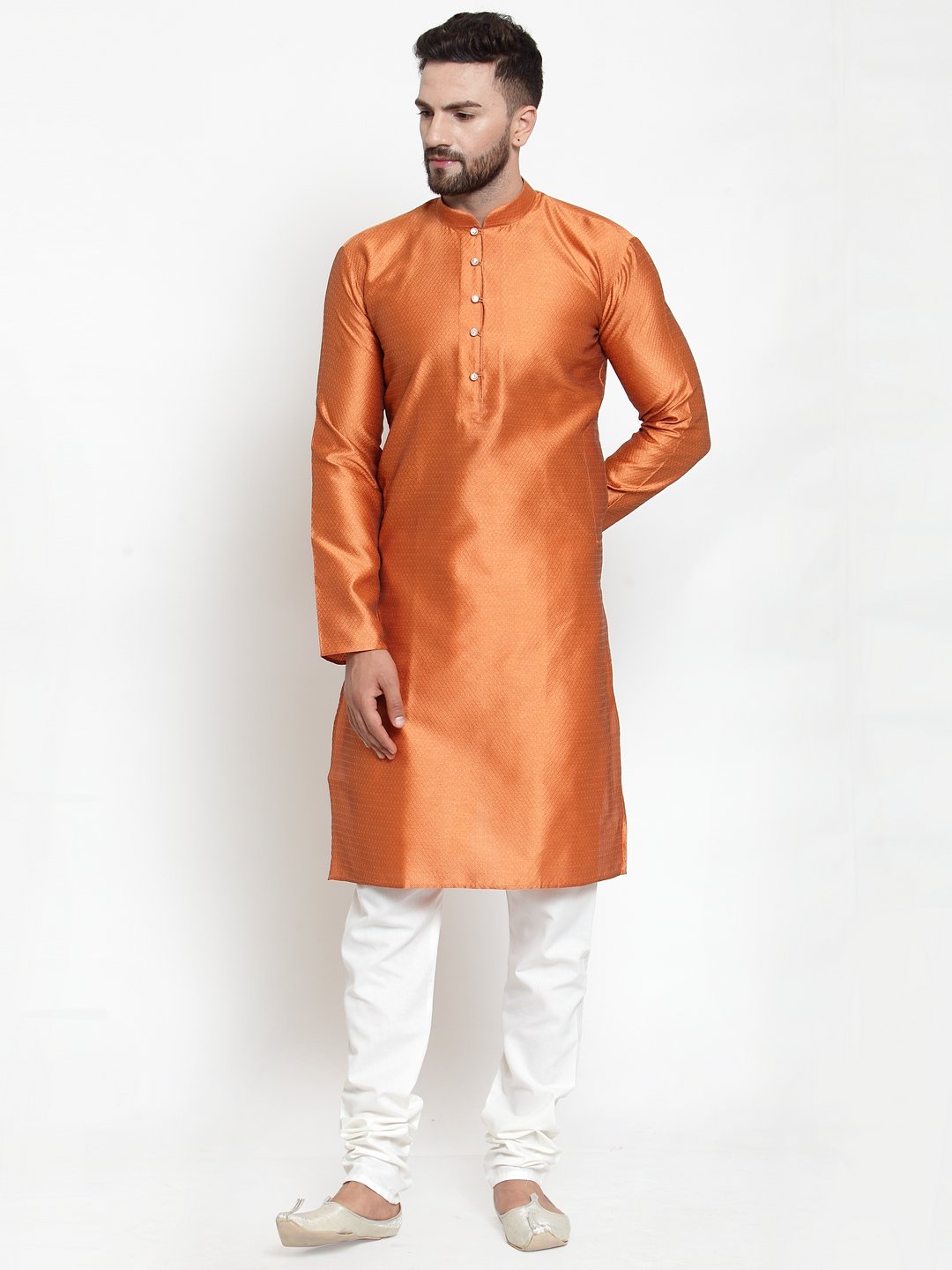 Jompers Men Orange & White Self Design Kurta with Churidar - Distacart