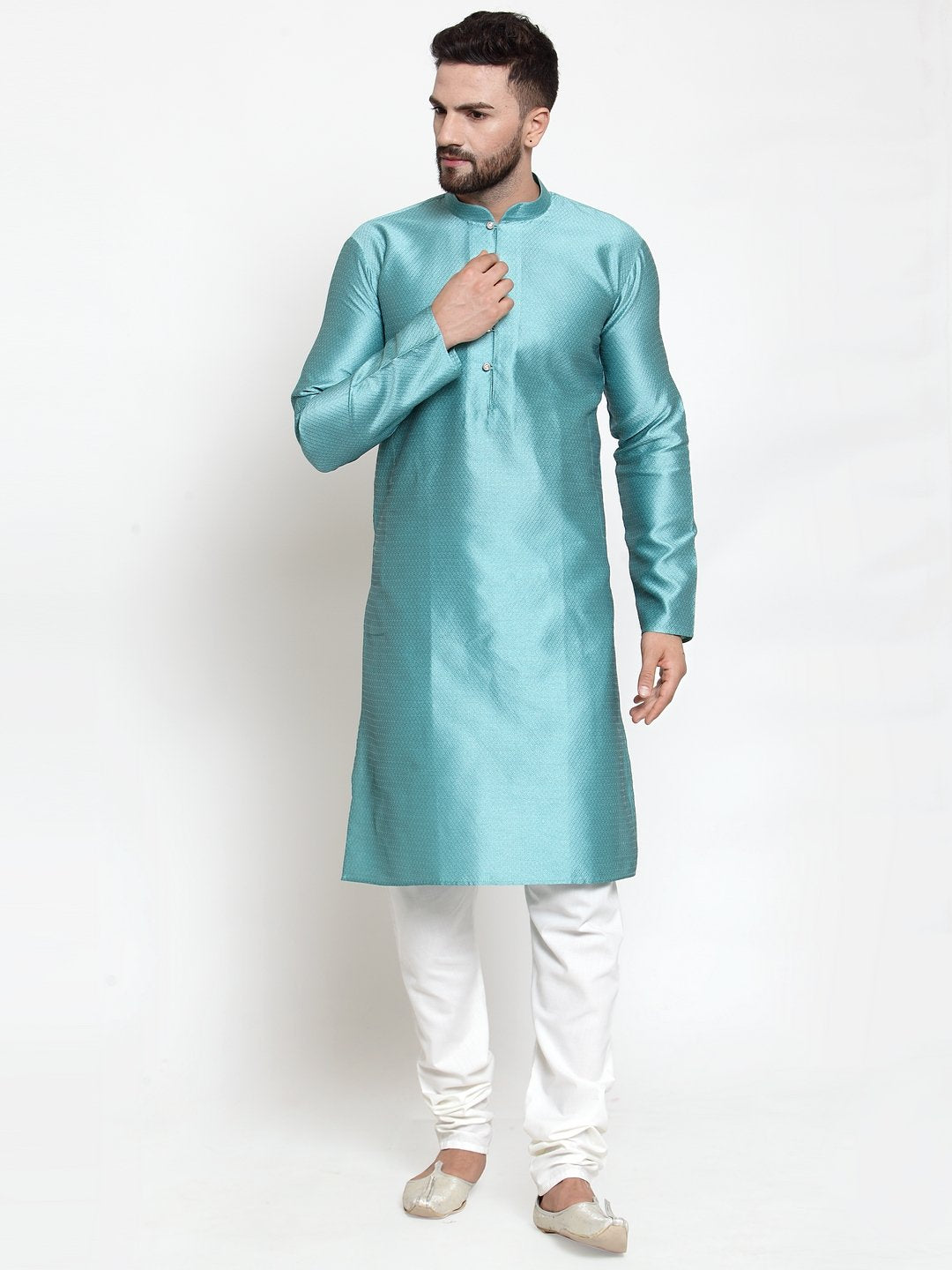 Jompers Men Light-Blue & White Self Design Kurta with Churidar - Distacart