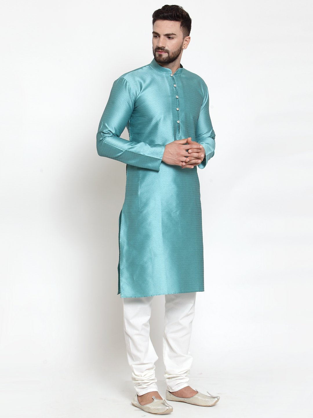 Jompers Men Light-Blue & White Self Design Kurta Only - Distacart