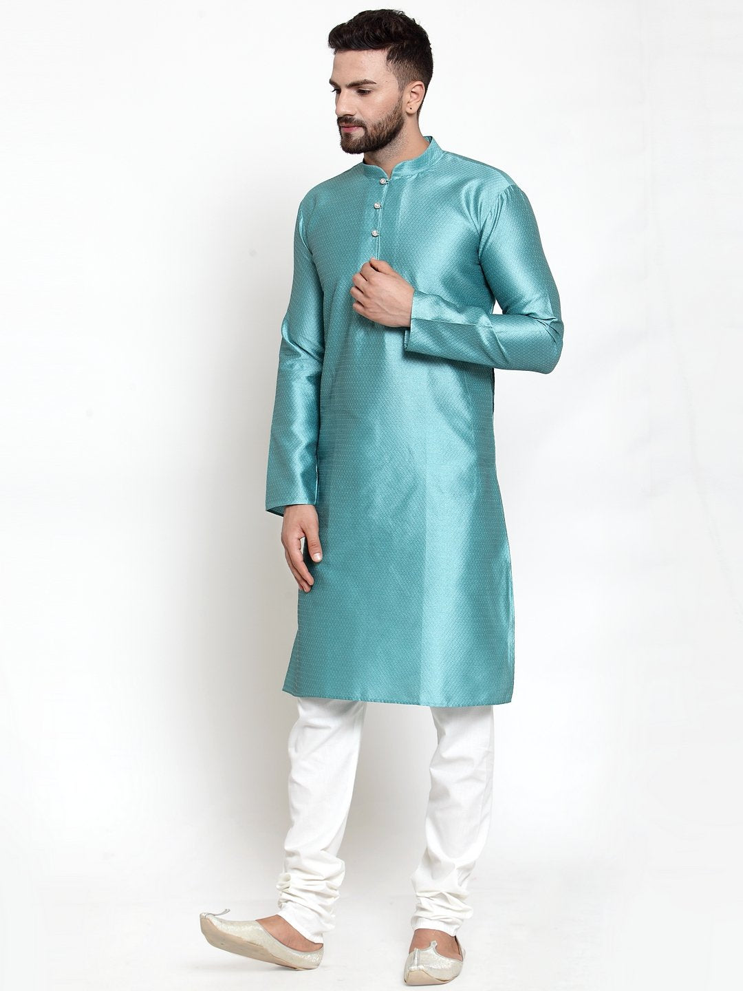 Jompers Men Light-Blue & White Self Design Kurta Only - Distacart