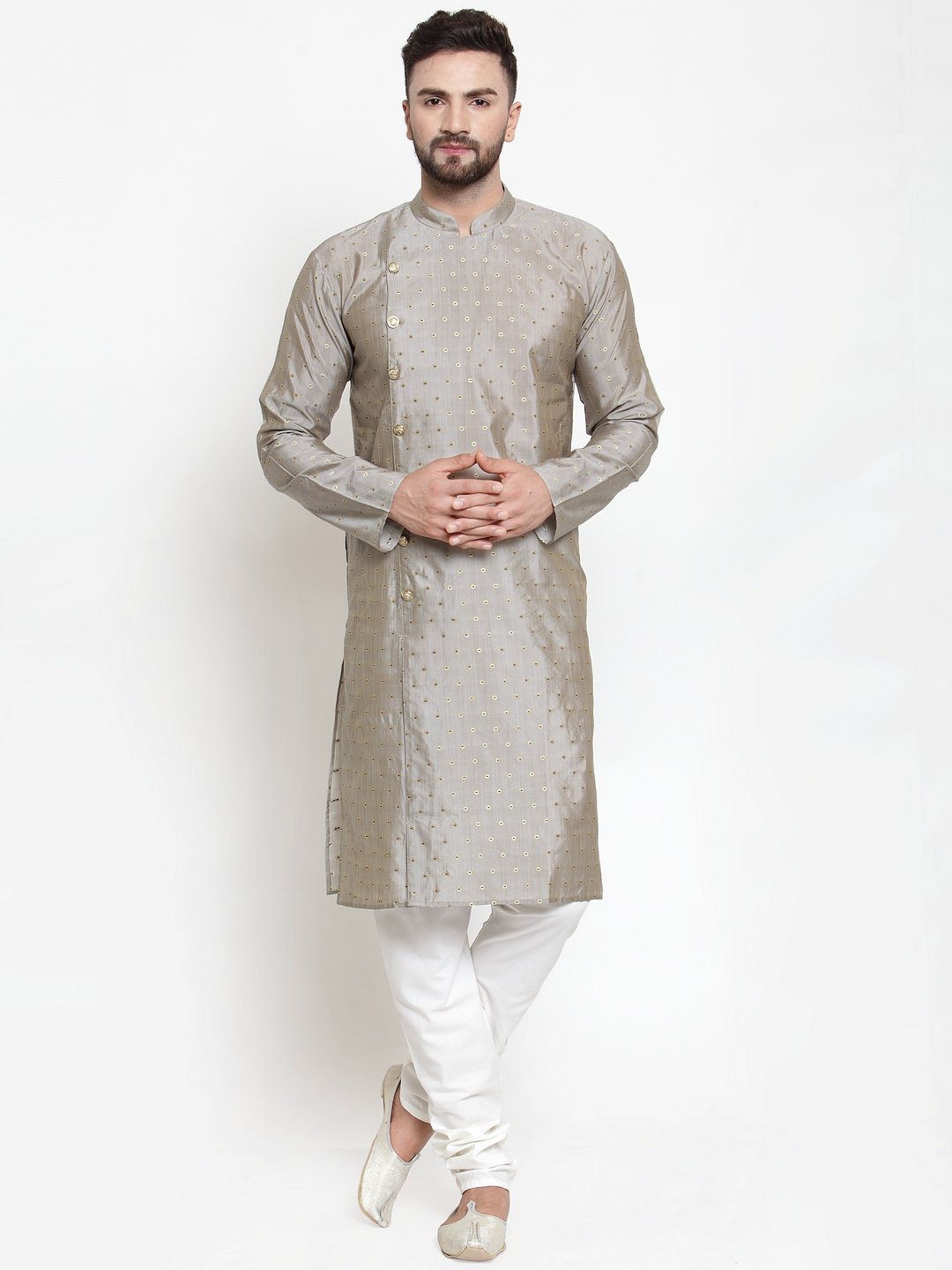 Jompers Men Grey & Golden Self Design Kurta with Churidar - Distacart