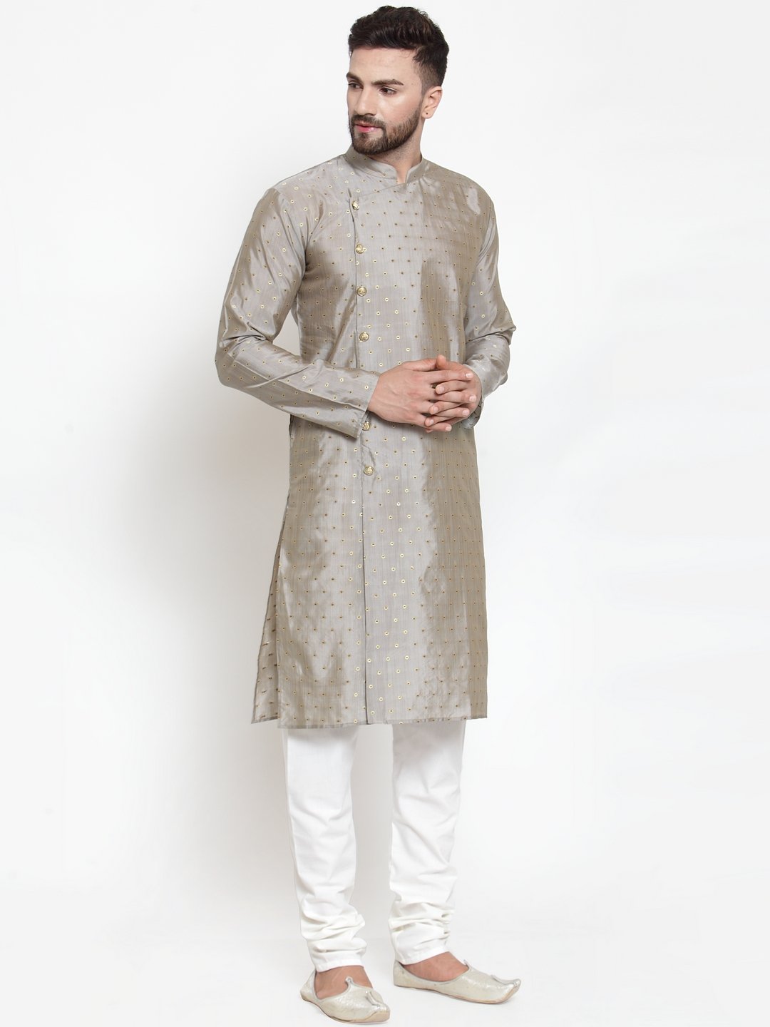 Jompers Men Grey & Golden Self Design Kurta with Churidar - Distacart