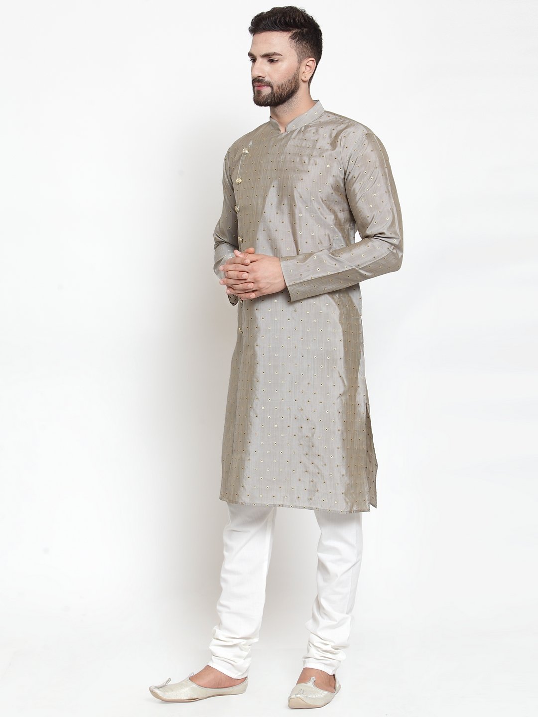 Jompers Men Grey & Golden Self Design Kurta with Churidar - Distacart