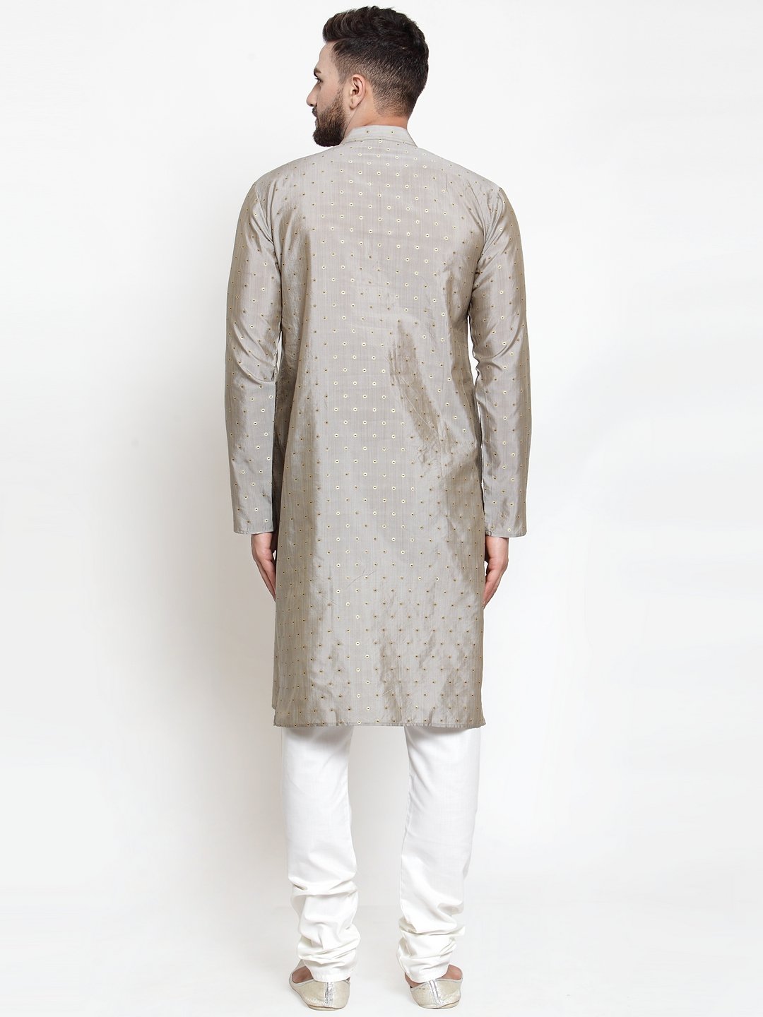 Jompers Men Grey & Golden Self Design Kurta with Churidar - Distacart