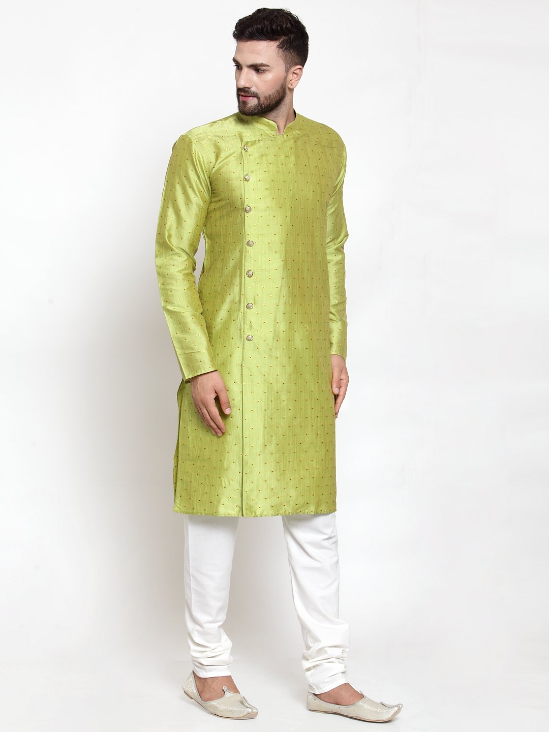Jompers Men Light-Green & Golden Self Design Kurta with Churidar - Distacart