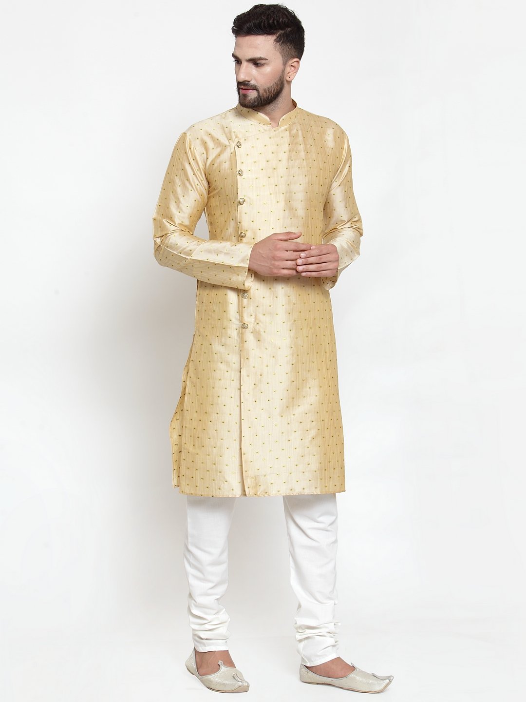 Jompers Men Mustard & Golden Self Design Kurta with Churidar - Distacart
