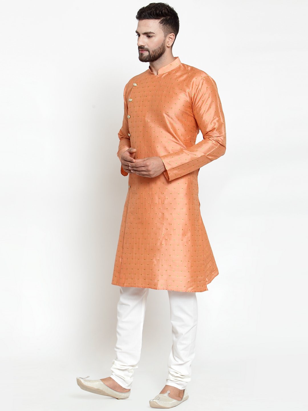 Jompers Men Peach & Golden Self Design Kurta with Churidar - Distacart